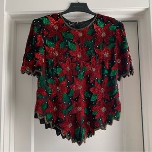 Vintage Poinsettia Christmas Silk and Sequin Top